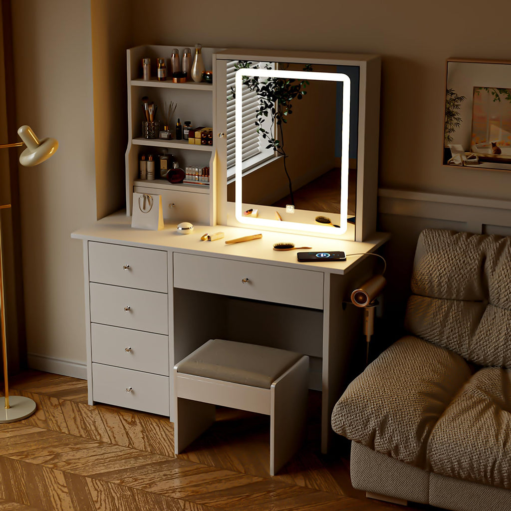White Makeup Vanity Desk with LED Lights Mirror J70154