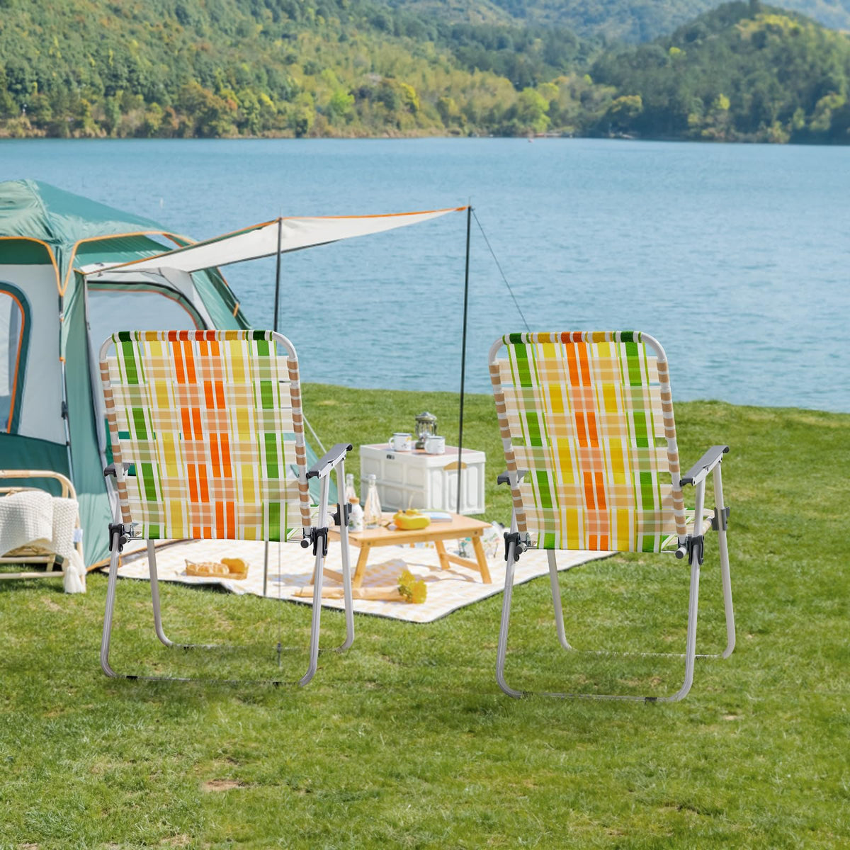 Set of 2 Webbed Folding Beach Chairs Yellow & Green S39423