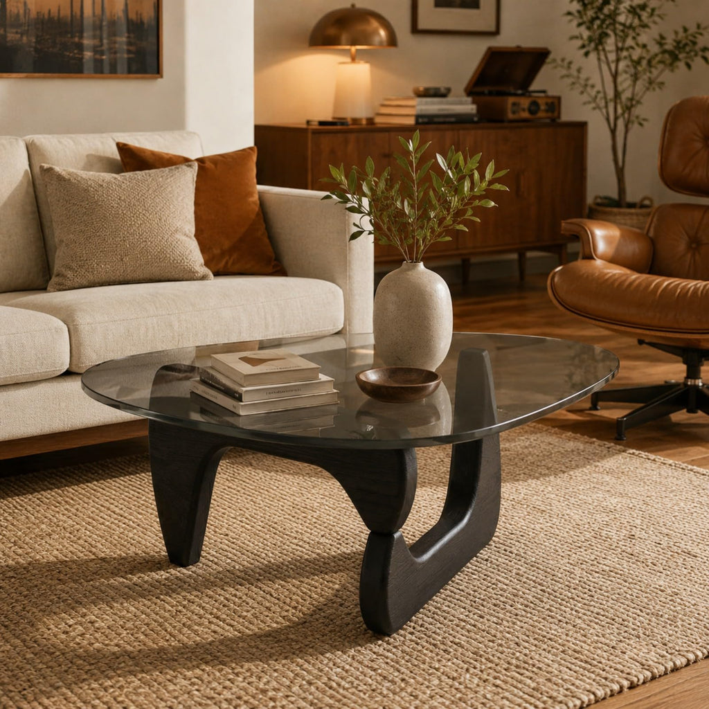 Glass Coffee Table with Wood Grain Base V99241