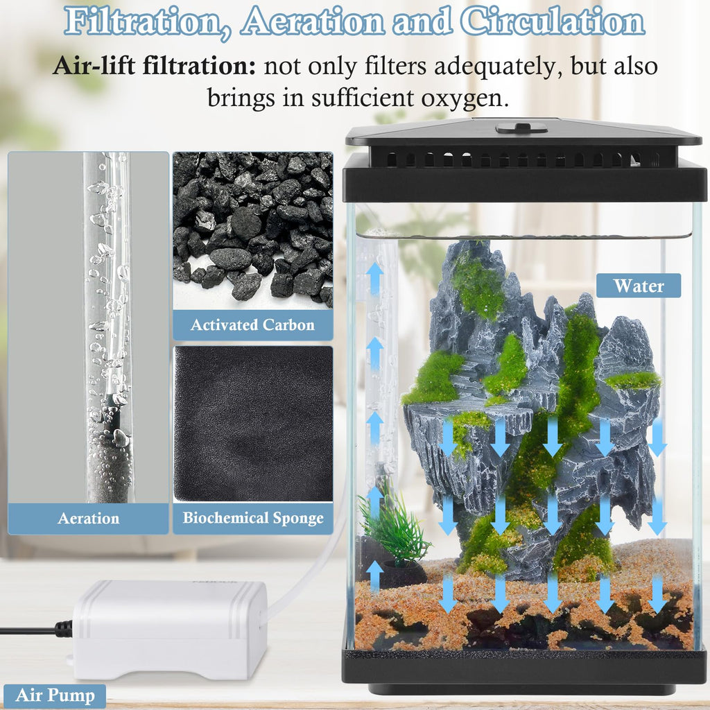 1 Gallon Small Glass Aquarium with Air Pump LED Light S510