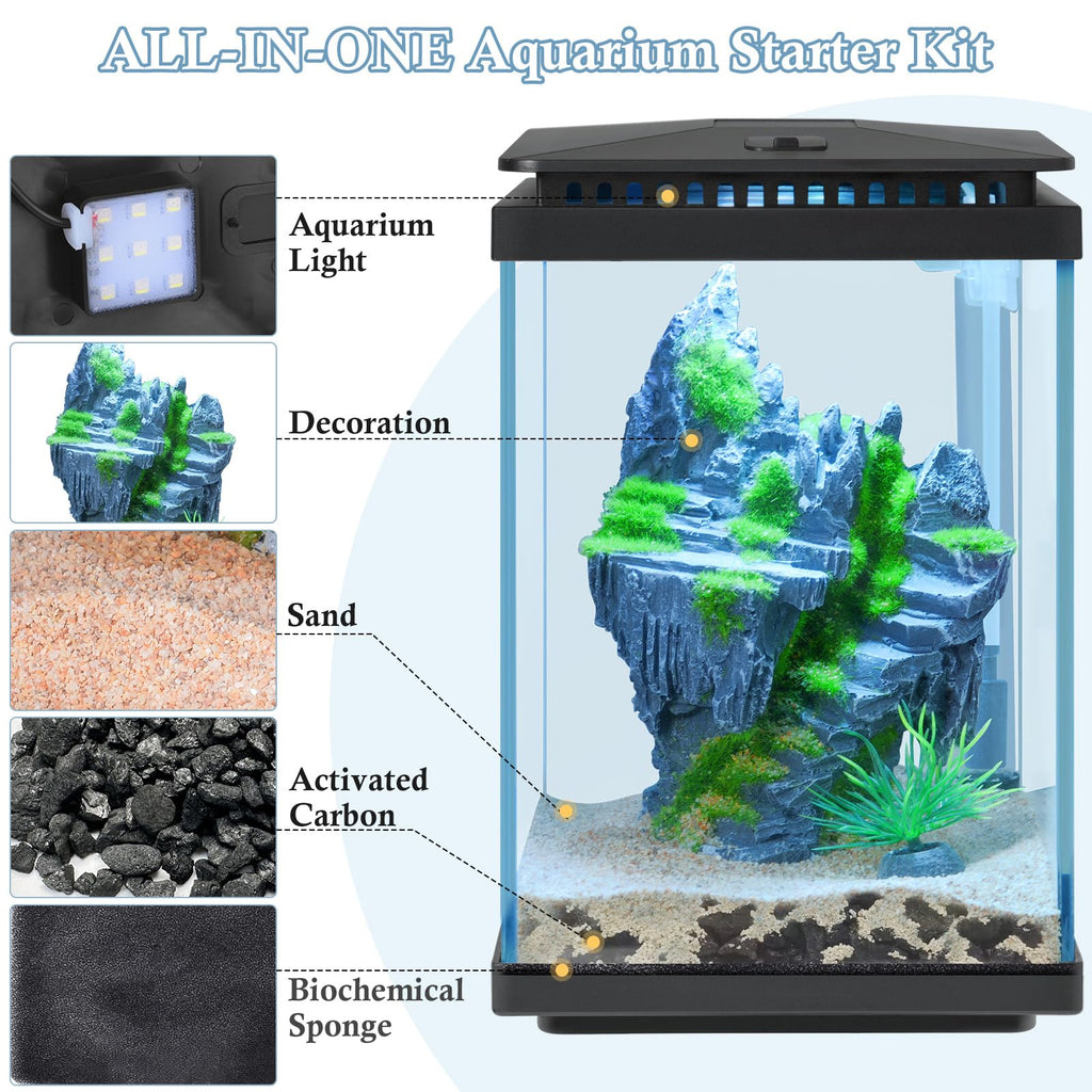 1 Gallon Small Glass Aquarium with Air Pump LED Light S510