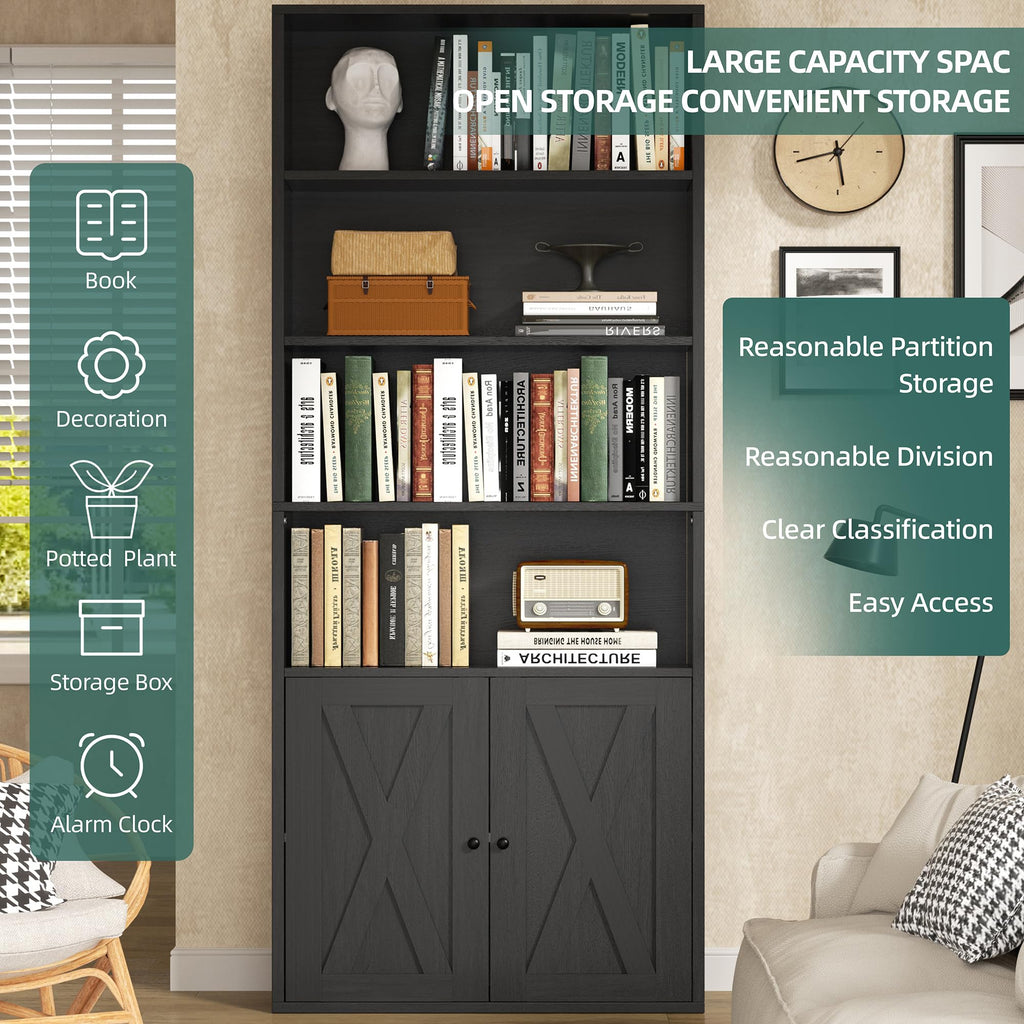Black 6 Shelf Bookshelf with Doors T553