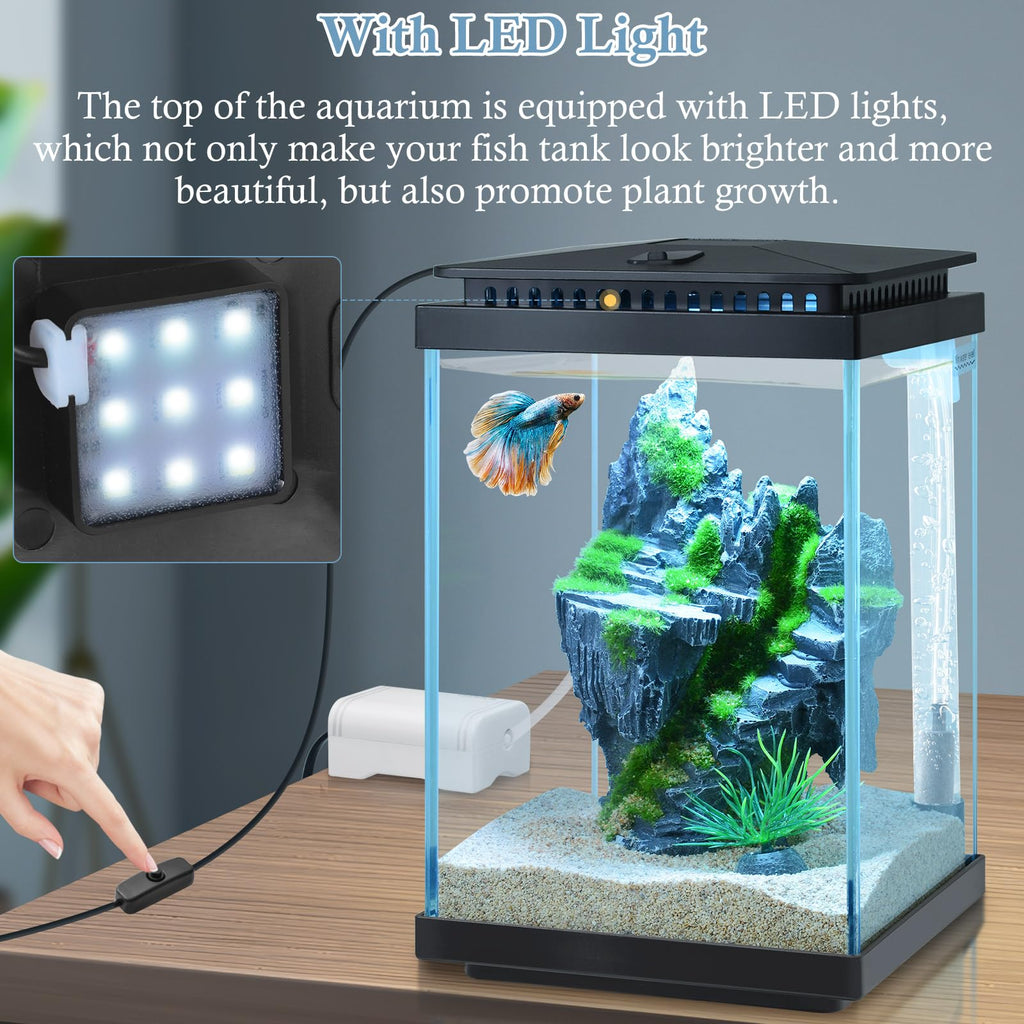 1 Gallon Small Glass Aquarium with Air Pump LED Light S510