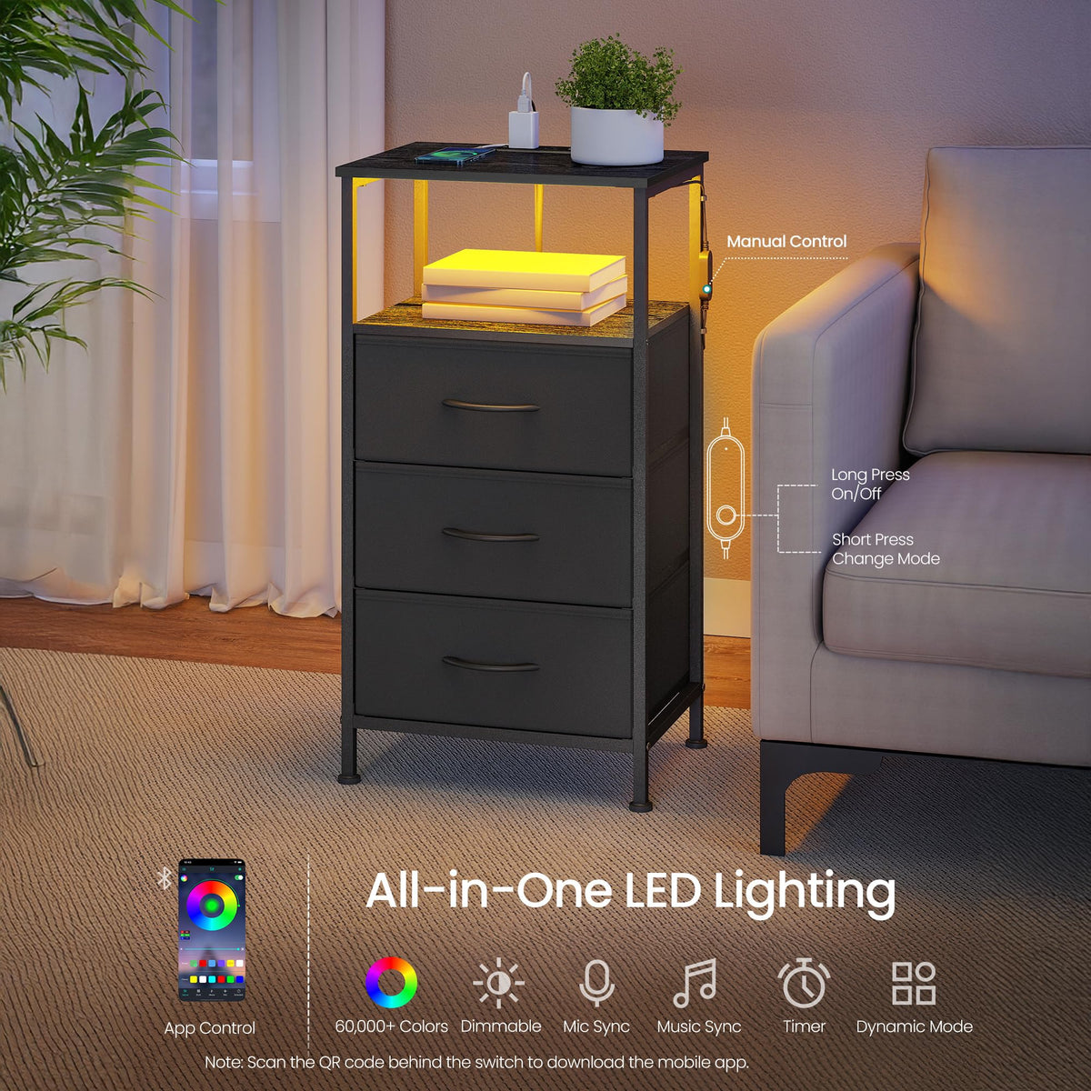 Nightstand with Charging Station, 3 Fabric Drawers M28714